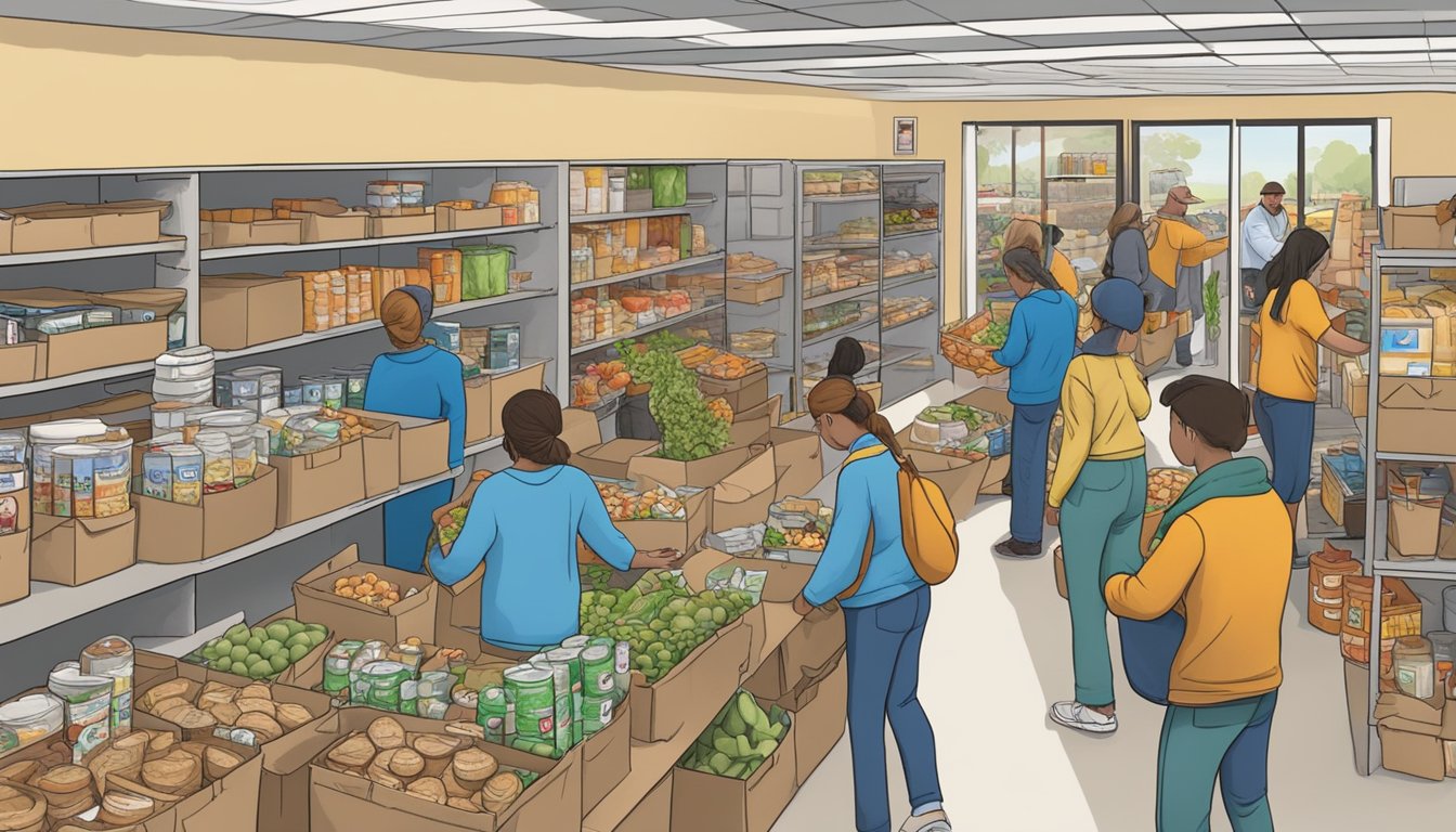 A bustling food pantry in Swisher County, Texas, with volunteers distributing groceries to those in need