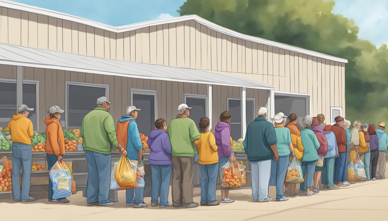 A line of people waiting outside a food pantry in Swisher County, Texas, with volunteers handing out bags of groceries