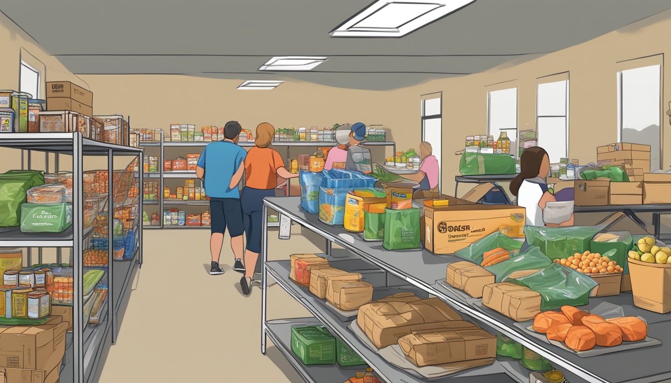 A bustling food pantry in Swisher County, Texas, with volunteers distributing free groceries and nutritional support to those in need