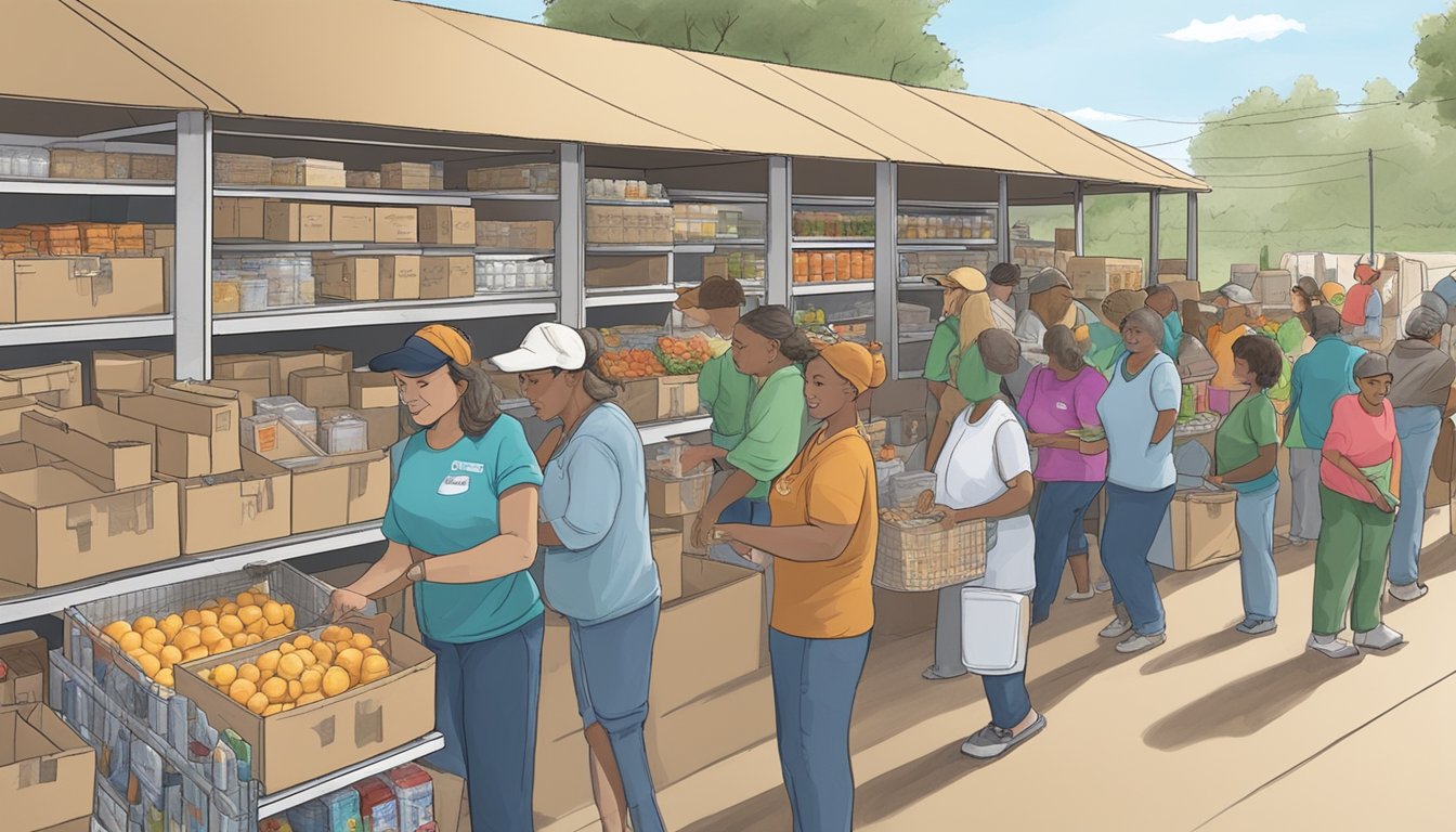 A bustling food pantry in Swisher County, Texas, with volunteers distributing free groceries to those in need