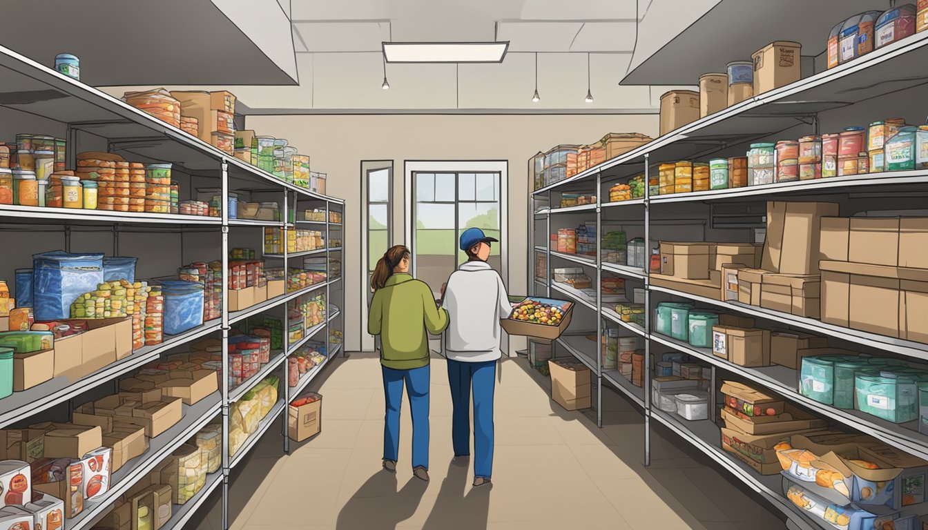 A bustling food pantry in Wilbarger County, Texas, with shelves stocked full of free groceries and volunteers assisting those in need