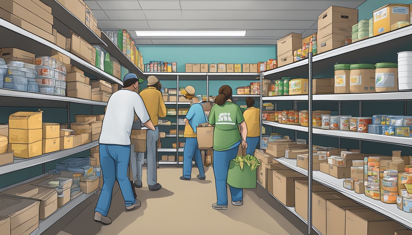 A bustling food pantry in Swisher County, Texas, with shelves stocked full of groceries and volunteers assisting those in need