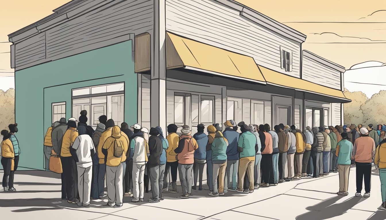 People lining up outside a food pantry in Wilbarger County, Texas. Volunteers handing out free groceries to those in need