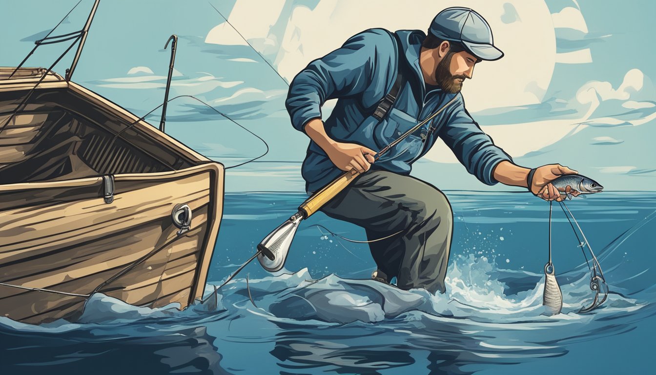 A fisherman on a boat, baiting a hook with a chunk of herring and dropping it into the deep blue water