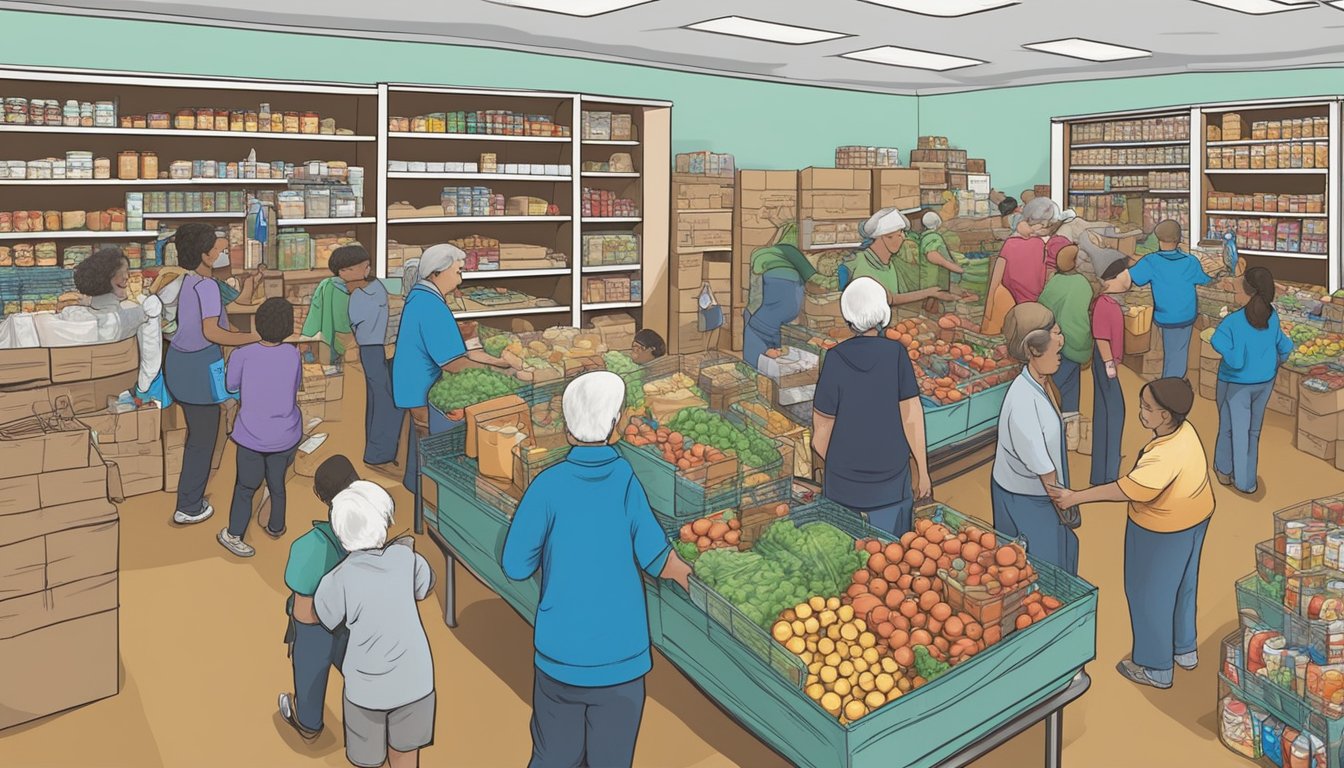 A bustling food pantry in Wilbarger County, Texas, with volunteers distributing free groceries to seniors and children in need