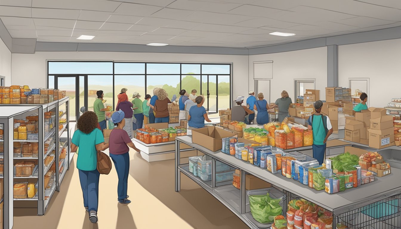 A bustling food pantry in Wilbarger County, Texas, with volunteers distributing free groceries to those in need