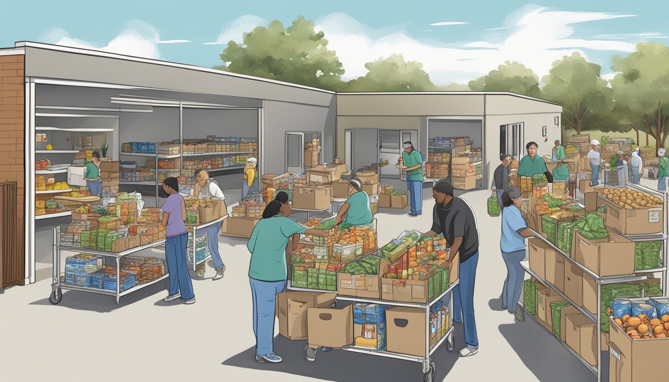 A bustling food pantry in Wilbarger County, Texas, with volunteers distributing free groceries to those in need