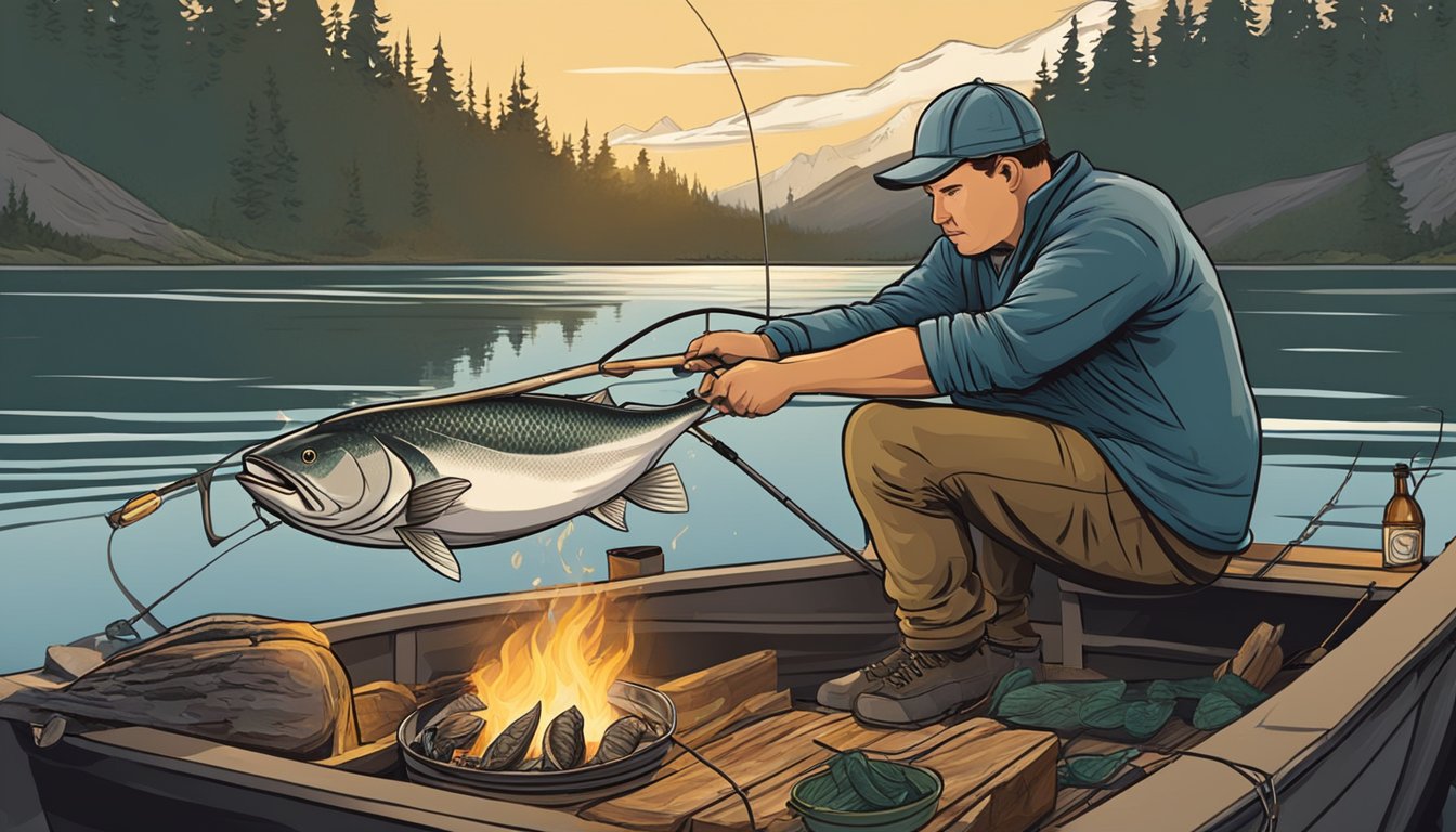 A person fishing on a boat, reeling in a large halibut. The person is then shown preparing and grilling the fish over a campfire