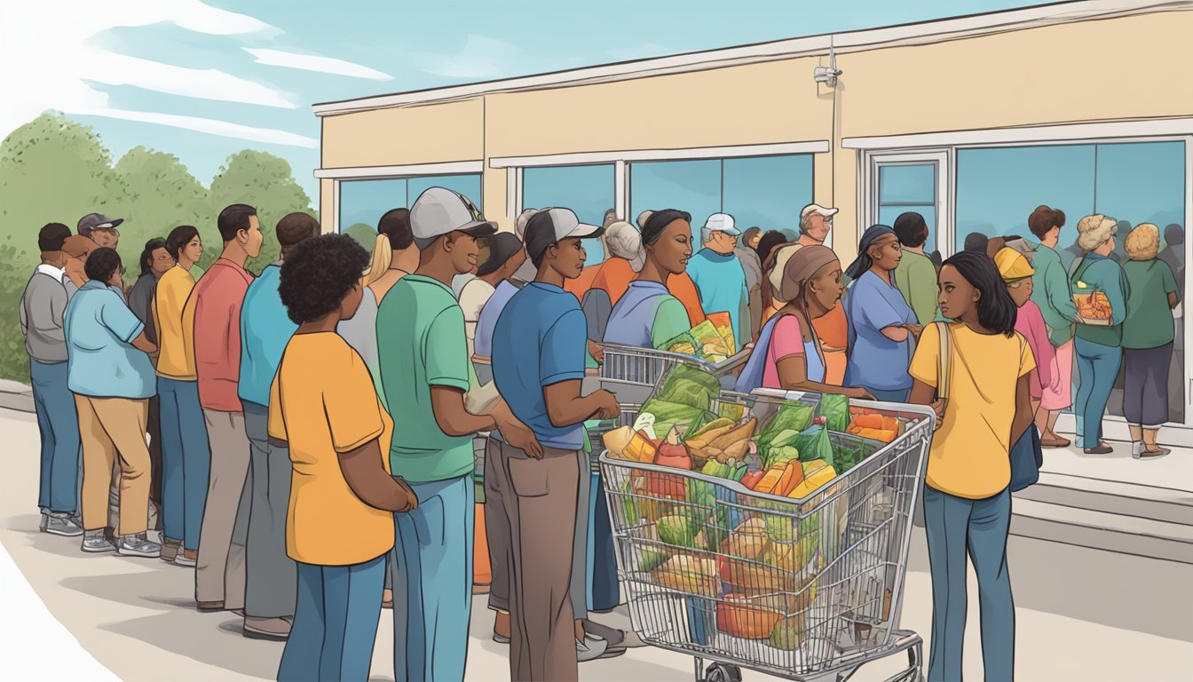 People waiting in line at a food pantry, receiving free groceries in Williamson County, Texas