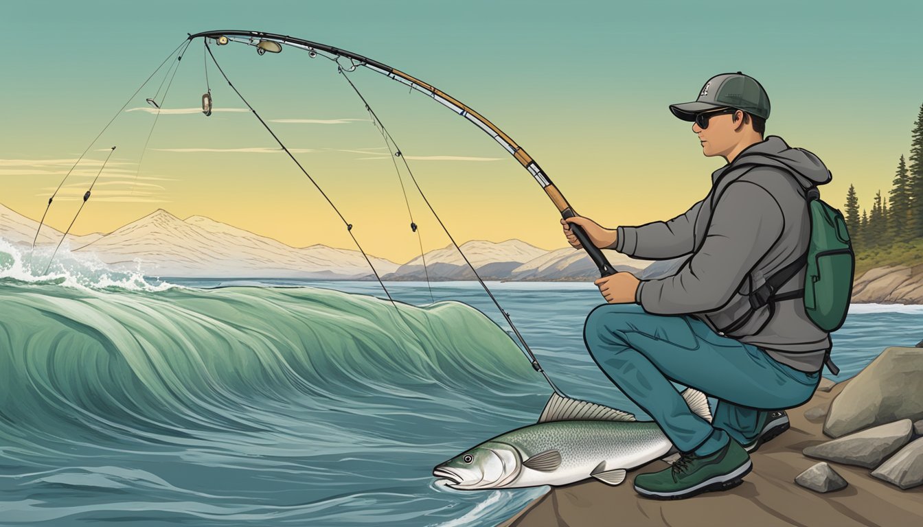 A person fishing for California halibut with a fishing rod and a sign displaying fishing regulations