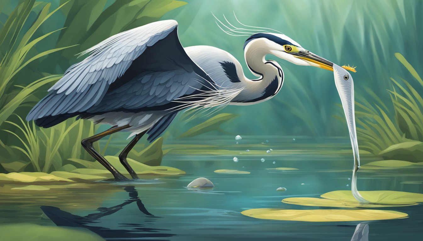 A heron catches and eats a longear sunfish in its natural habitat