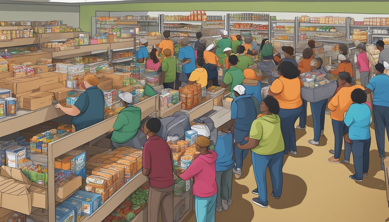 A bustling food pantry in Tarrant County, Texas, with volunteers distributing free groceries to those in need