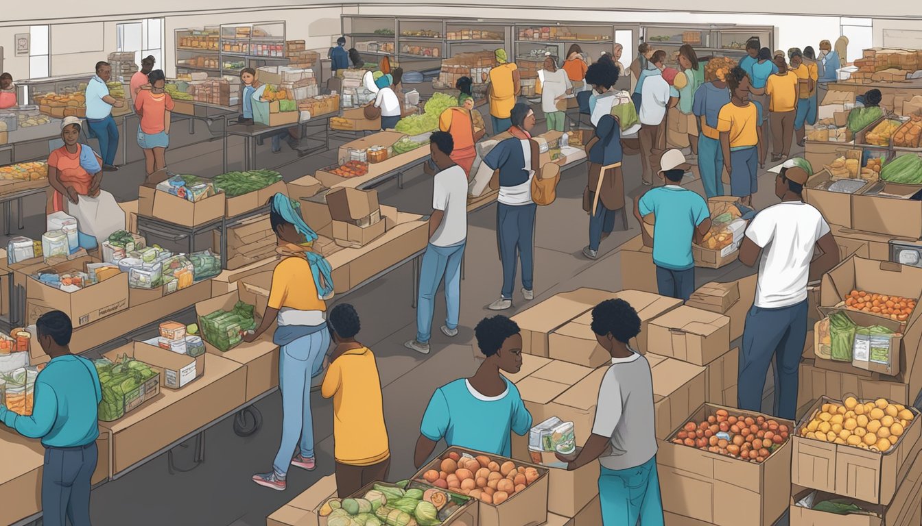 A bustling food pantry in Tarrant County, Texas, with volunteers distributing free groceries to those in need