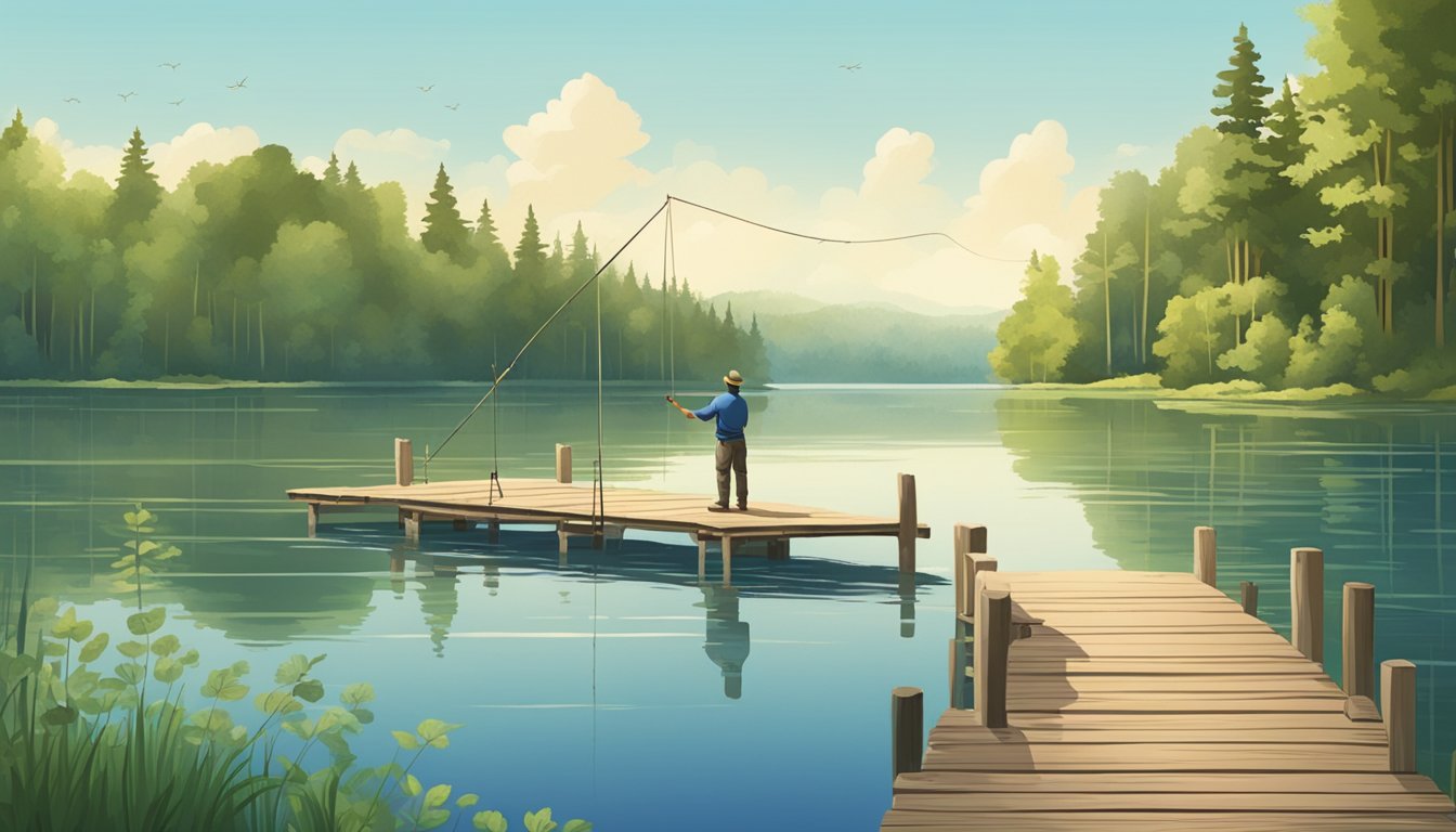 A serene lake with a wooden fishing pier, surrounded by lush green trees and a clear blue sky. A fisherman casts a line into the water, hoping to catch lake whitefish