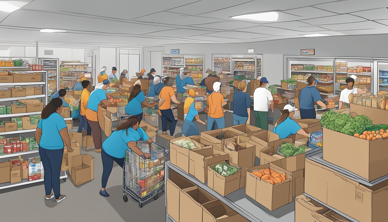 A bustling food pantry in Williamson County, Texas, with volunteers distributing free groceries to those in need