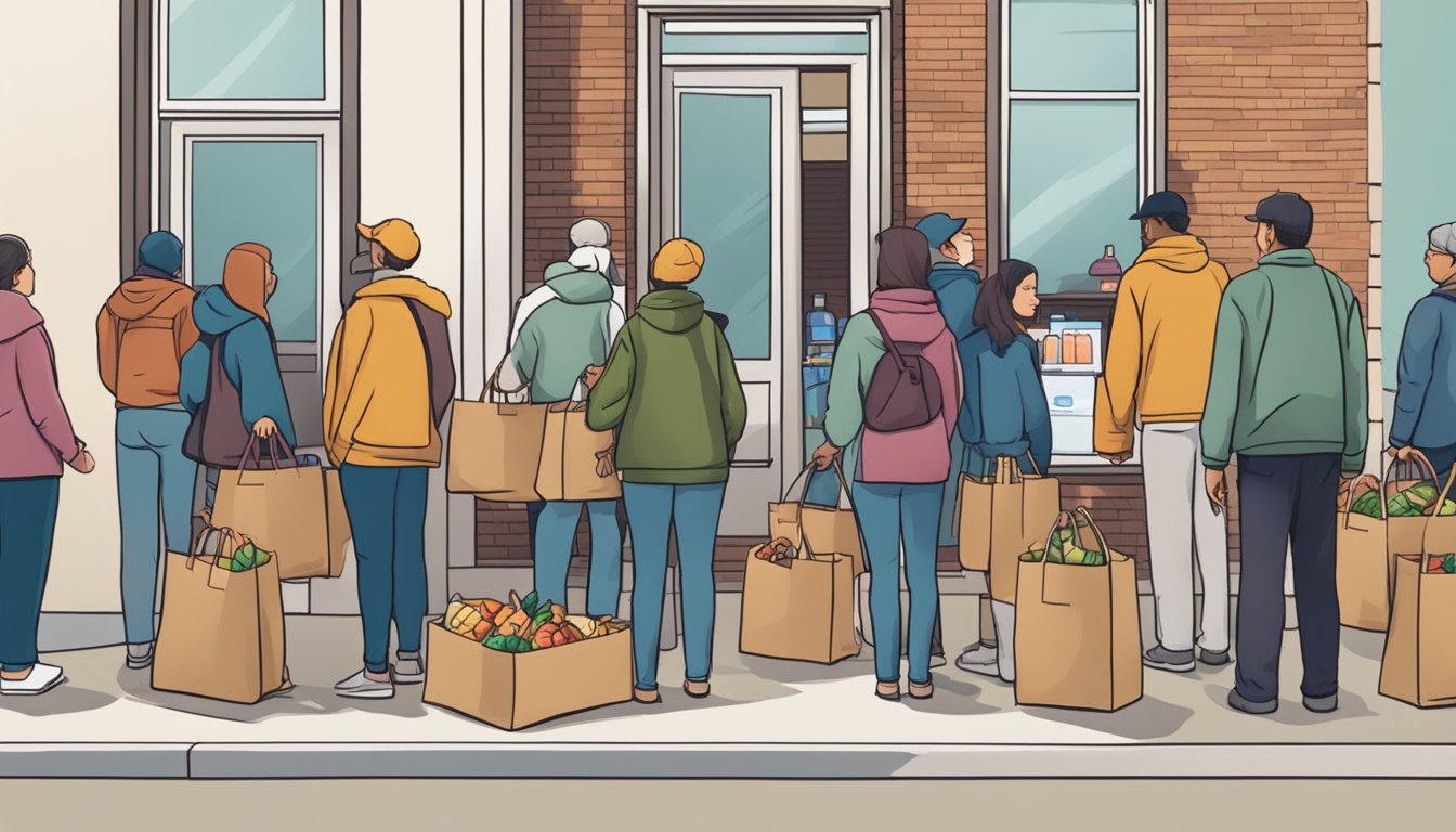 A line of people wait outside a food pantry, holding empty bags and baskets. Volunteers hand out groceries and supplies