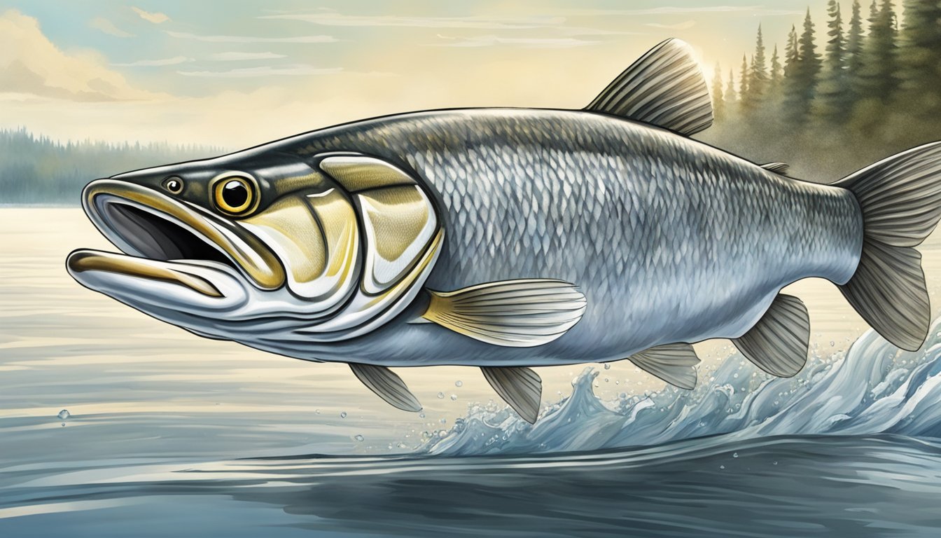 A whitefish leaping out of the water to catch a smaller lake whitefish in its mouth