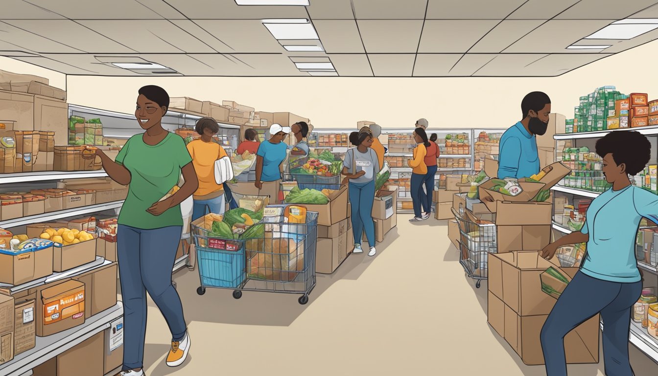 A bustling food pantry in Tarrant County, Texas, with diverse individuals receiving free groceries and special programs for those in need