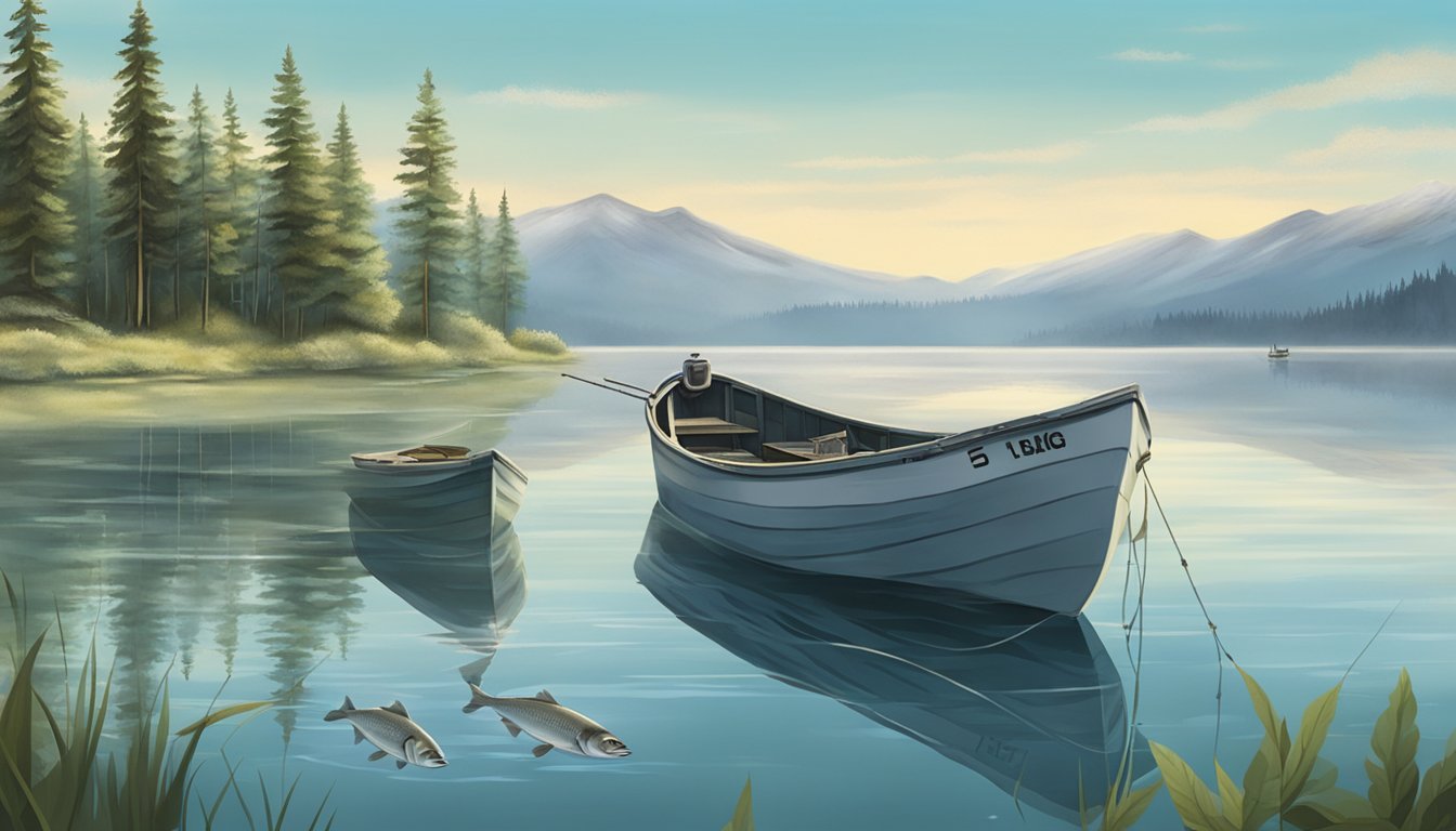 A serene lake with a fishing boat, nets, and a group of lake whitefish swimming in the clear water