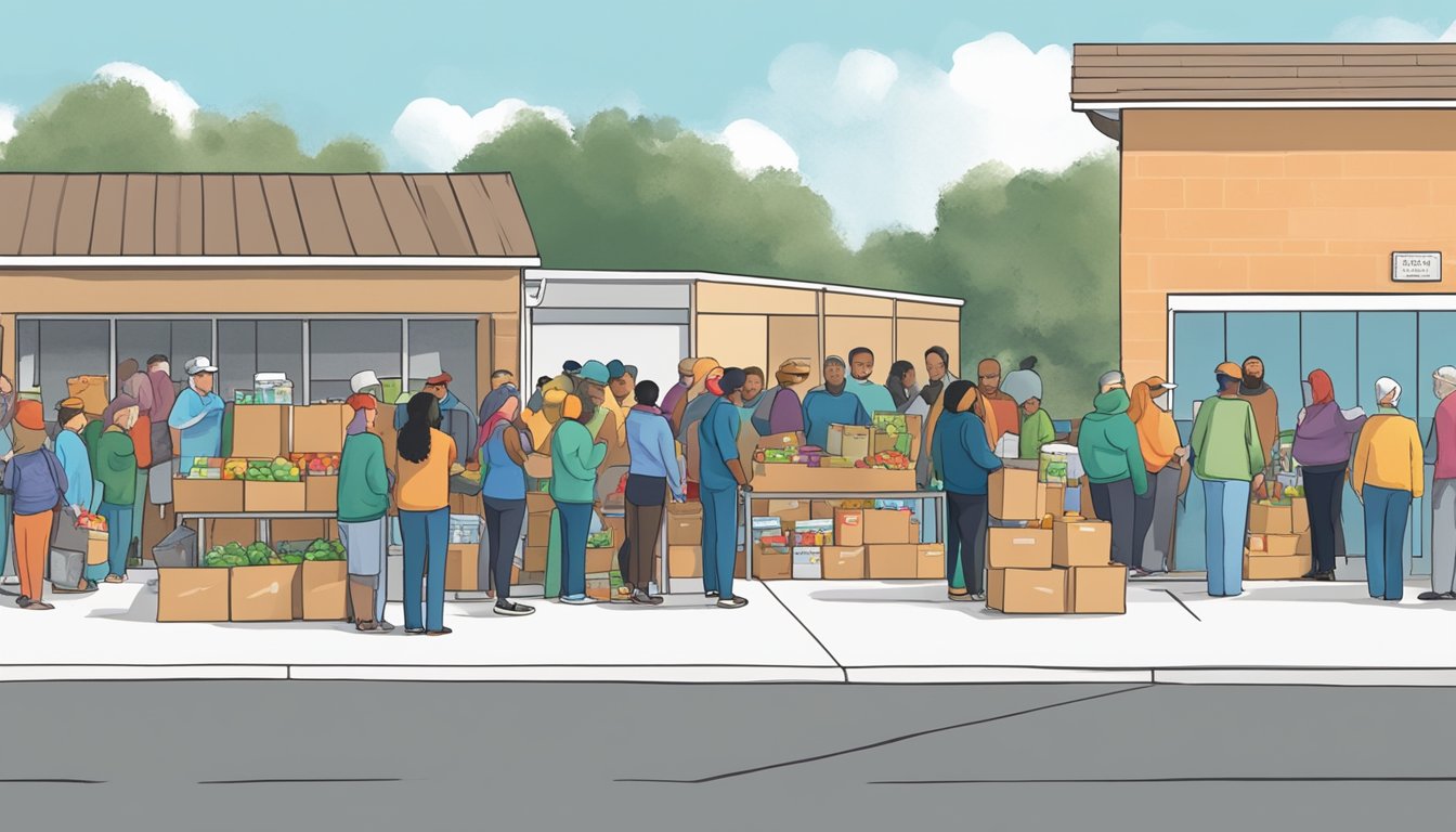 People lining up outside a food pantry in Williamson County, Texas, with volunteers handing out free groceries and food items to those in need