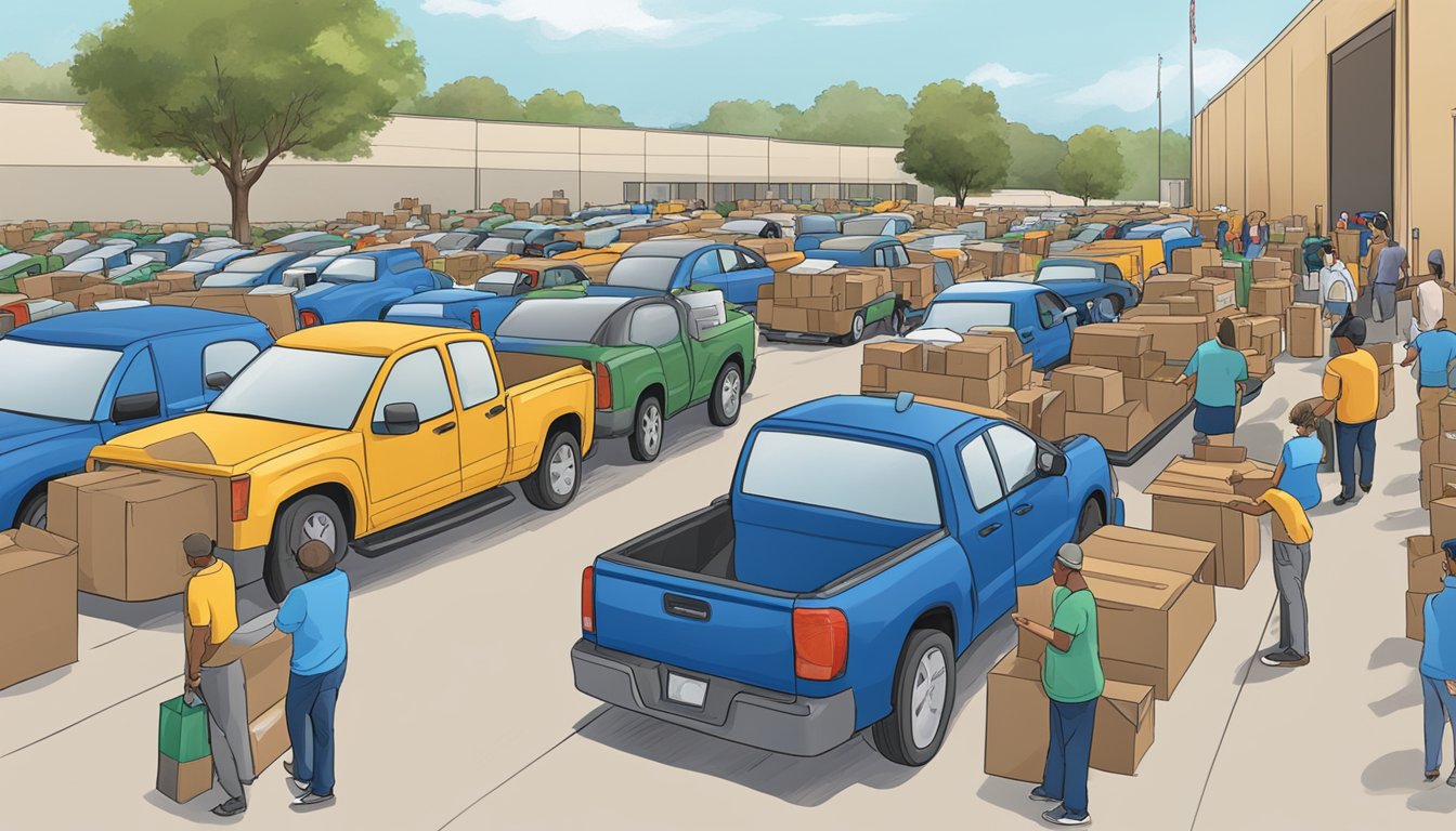 A line of cars waits at a food distribution center in Tarrant County, Texas. Volunteers load boxes of groceries into trunks