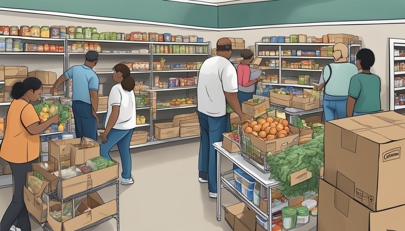 A bustling food pantry with volunteers distributing groceries to families in need in Williamson County, Texas