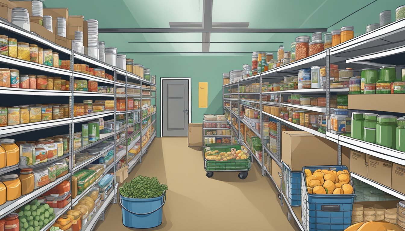 A bustling food pantry in Tarrant County, Texas, filled with shelves of canned goods, fresh produce, and other essential groceries for those in need