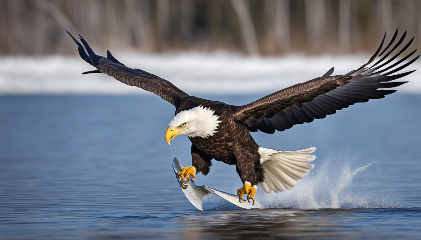 A bald eagle swoops down, catching a lake whitefish in its talons before flying off to feast on its fresh catch