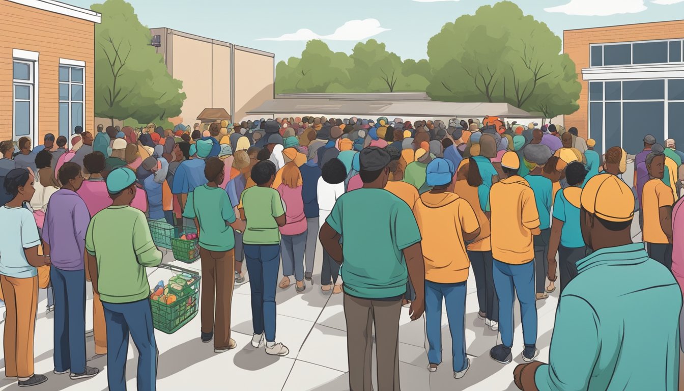 People lining up at a food pantry in Tarrant County, Texas. Volunteers distributing free groceries to those in need