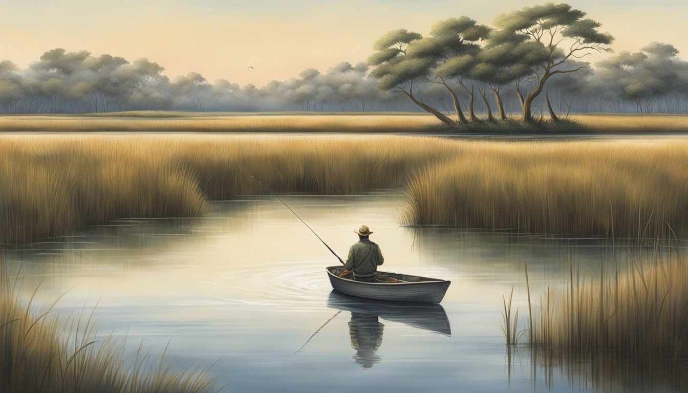 A lone fisherman casting into the calm waters of a secluded marsh, with a school of red drum swimming just beneath the surface