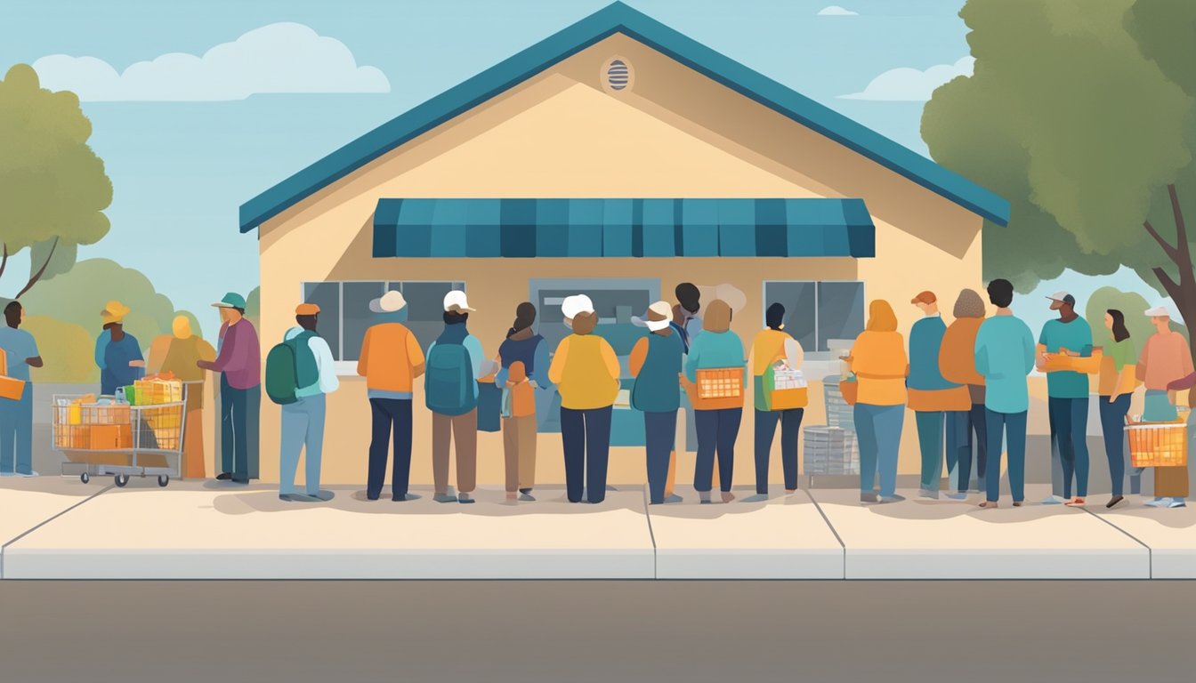 A line of people waits outside a food pantry in Winkler County, Texas. Volunteers distribute free groceries to those in need