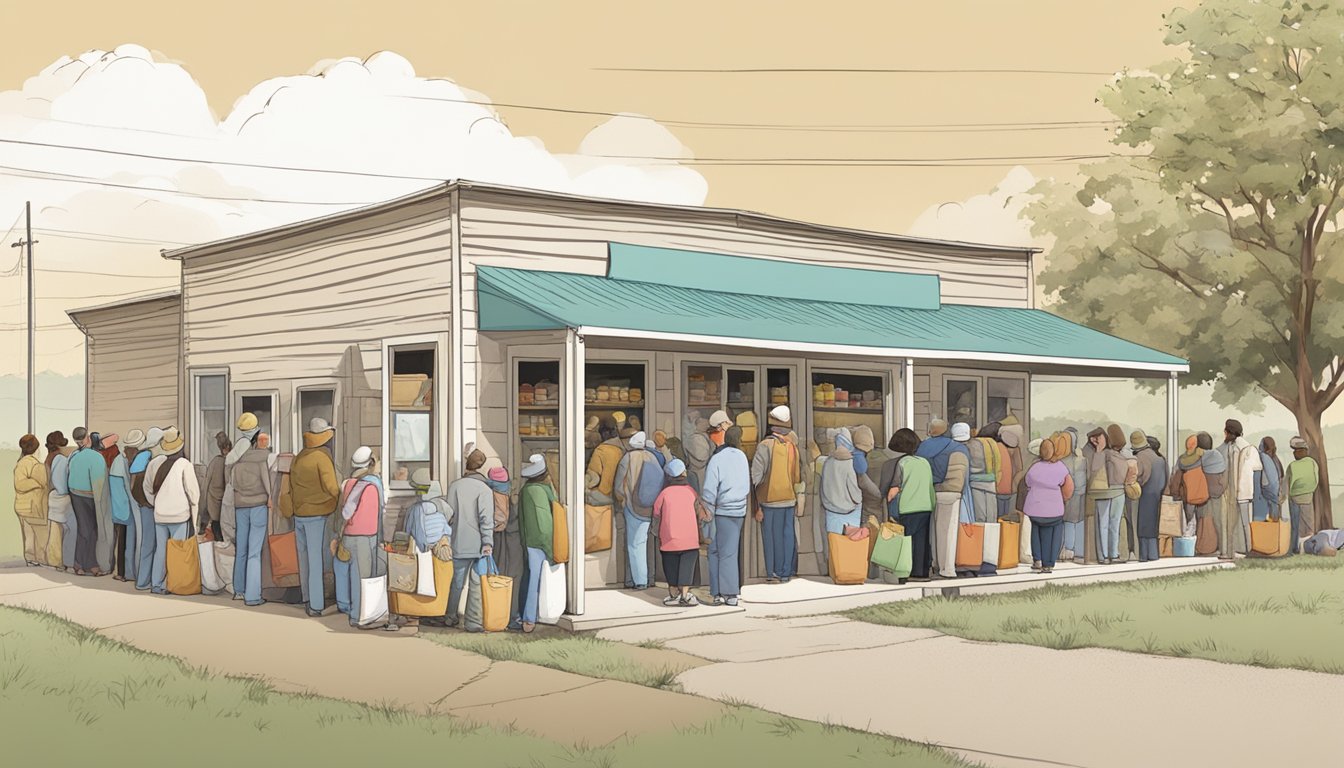 A line of people waits outside a small food pantry in rural Texas, with volunteers handing out bags of groceries and canned goods