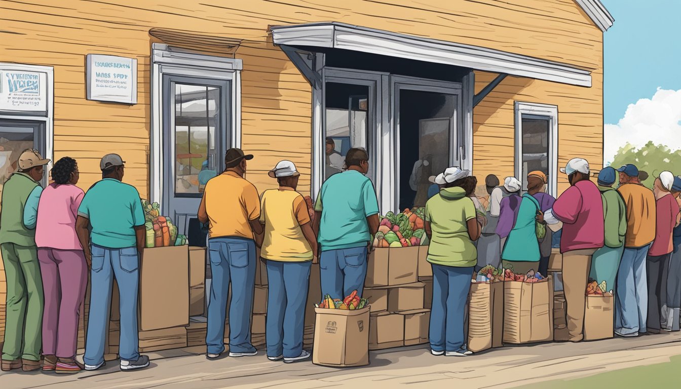 A line of people wait outside a small building, baskets in hand, as volunteers distribute free groceries and food pantry items in Winkler County, Texas