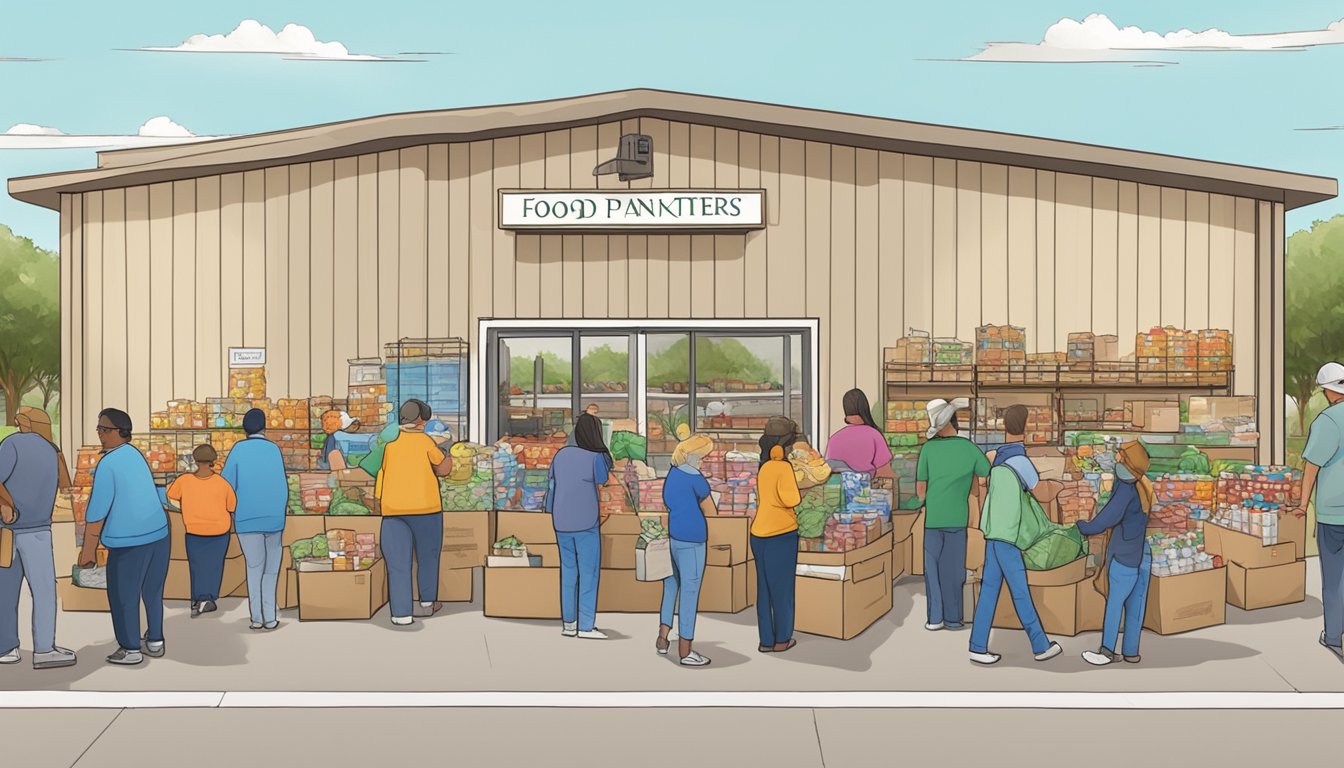 A bustling food pantry in Winkler County, Texas, with volunteers distributing free groceries to those in need