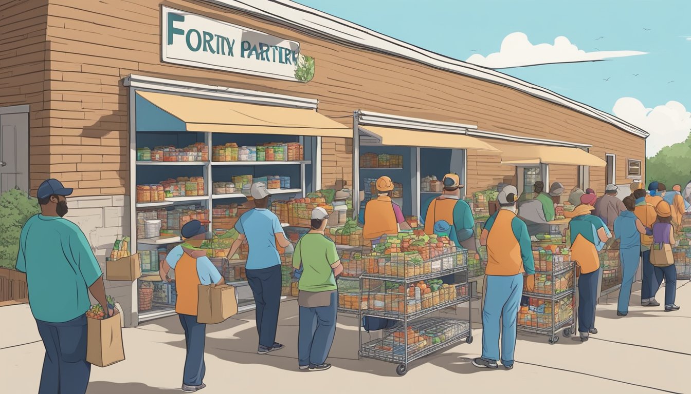 A bustling food pantry in Taylor County, Texas, with volunteers distributing free groceries to those in need