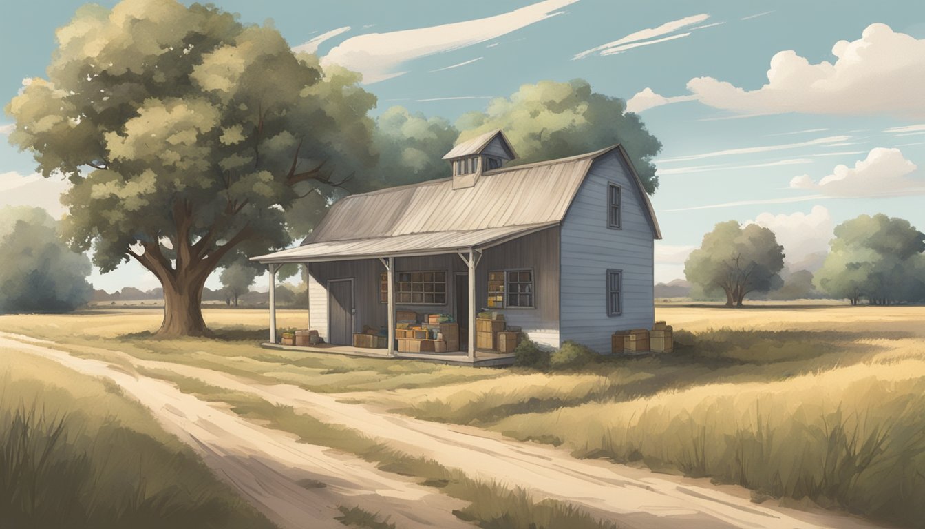 A rural landscape with a small food pantry building surrounded by fields and a few scattered houses in Winkler County, Texas