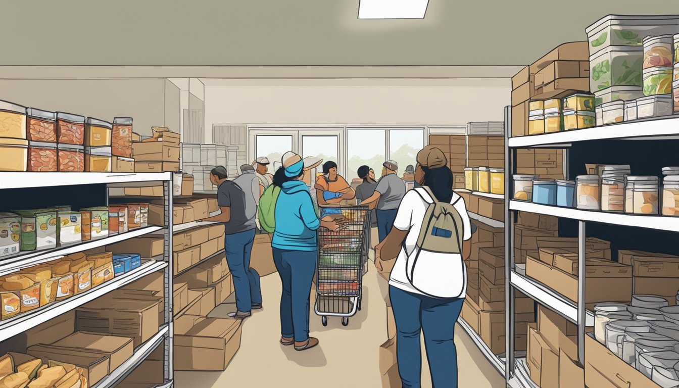 A bustling food pantry in Winkler County, Texas, with volunteers distributing free groceries to those in need