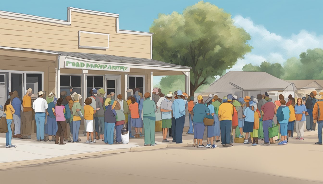 A line of people waiting outside a food pantry in Winkler County, Texas, with volunteers handing out groceries and food items