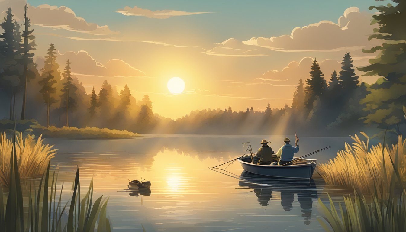 A sunny lake with a fishing boat, reeds, and a group of crappie being caught and cooked over a campfire