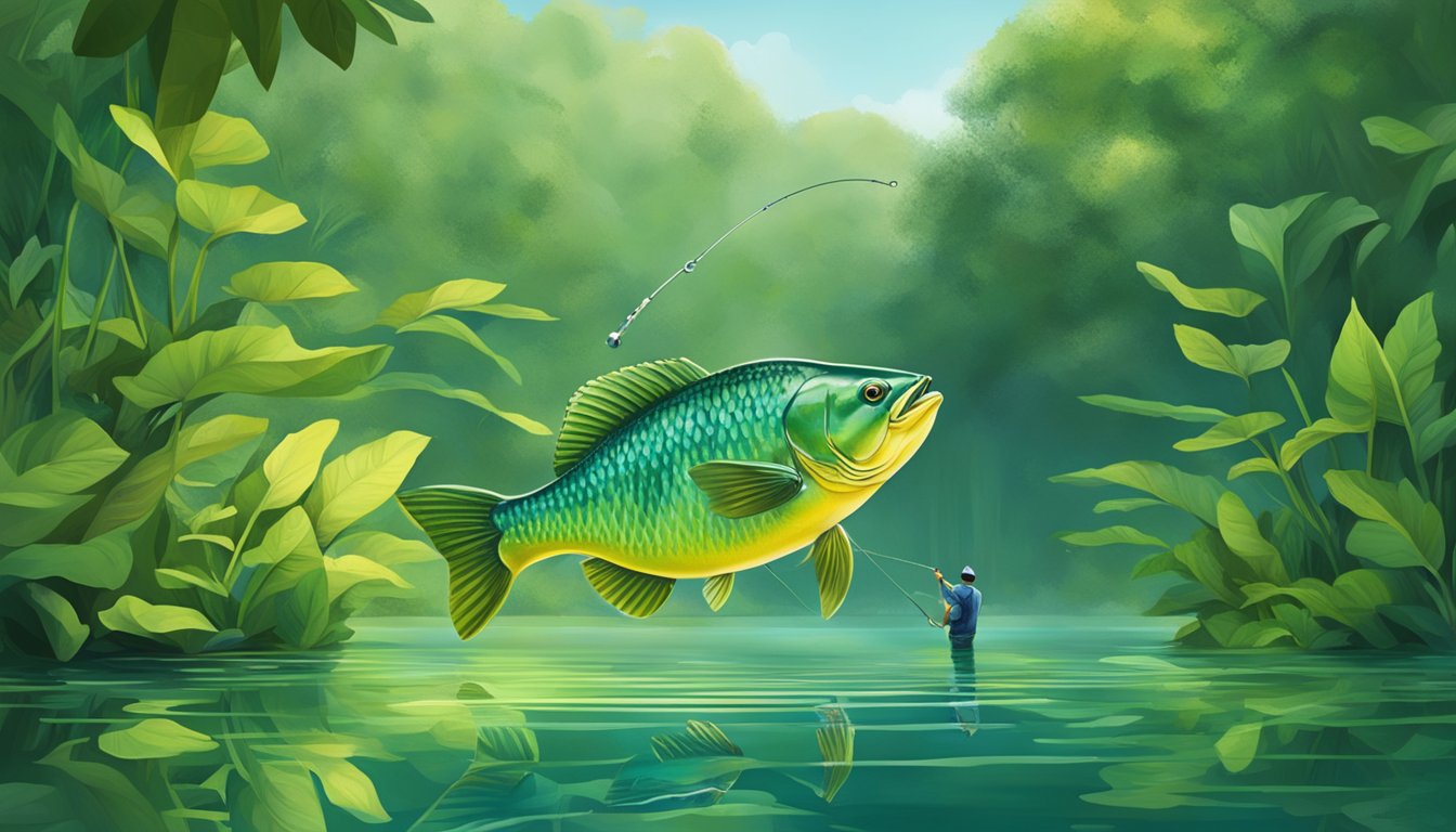 A serene lake with a green sunfish being caught and released by an angler, surrounded by lush vegetation and clear water