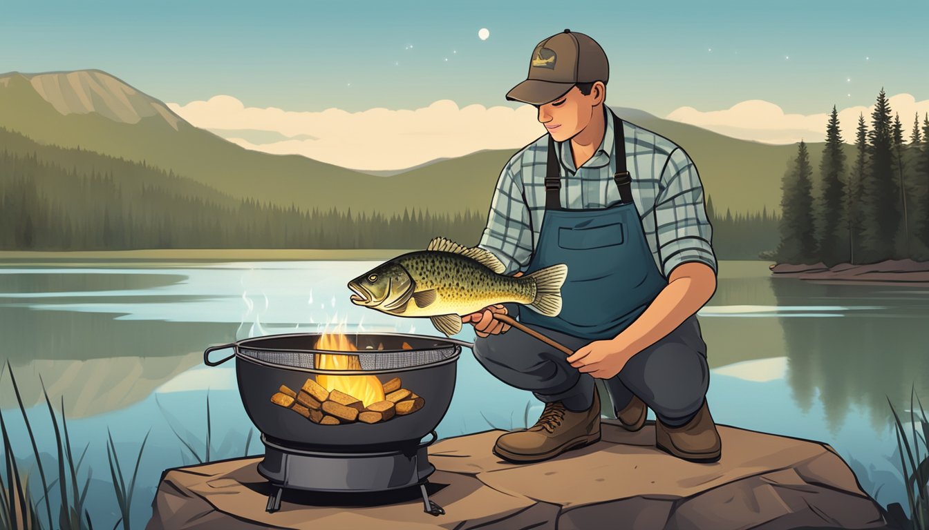 A person holding a freshly caught crappie, preparing to clean and cook it over a campfire by a calm lake