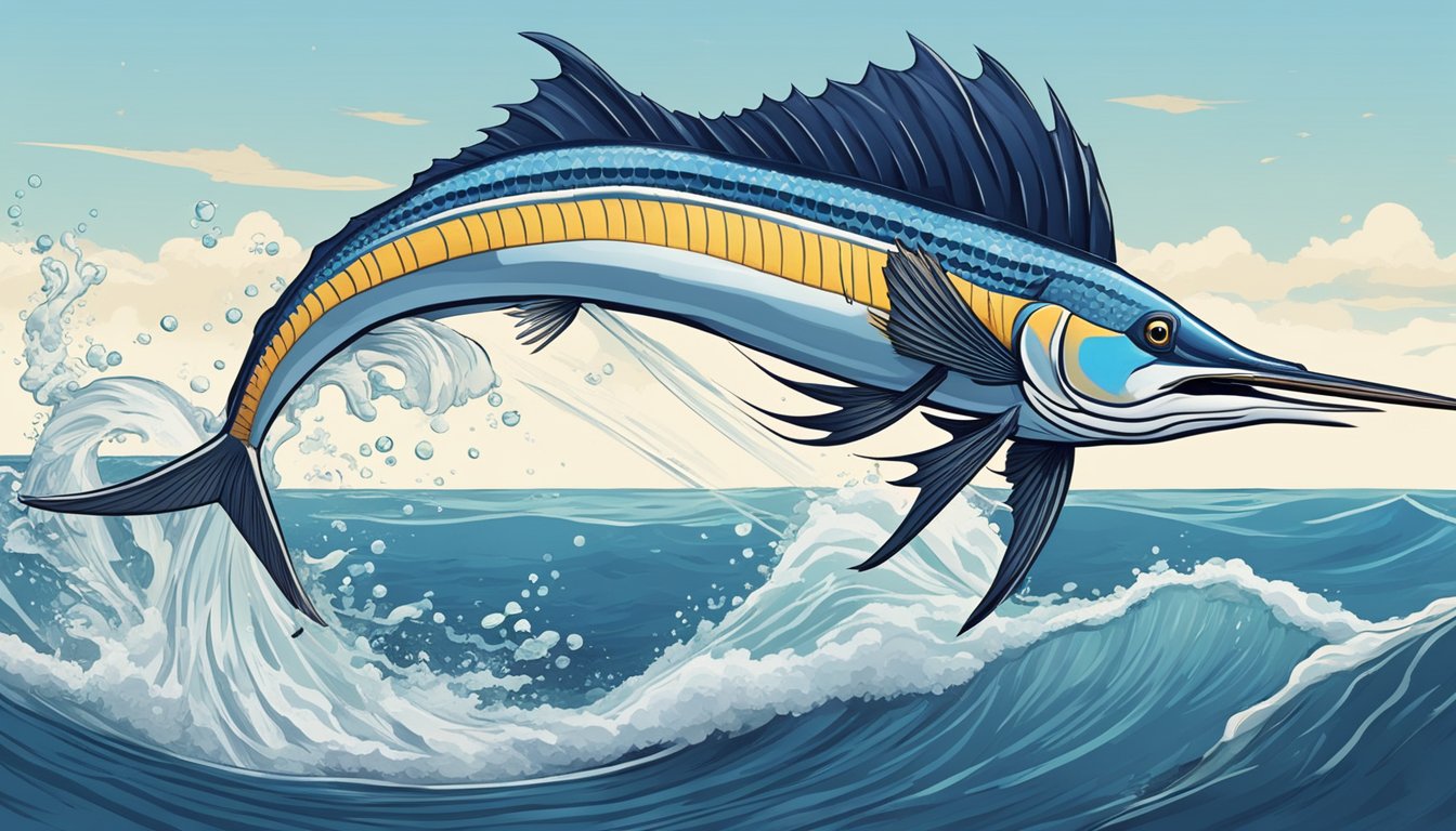 A sailfish leaping out of the water, its sharp bill piercing a small fish in mid-air, with the ocean waves in the background