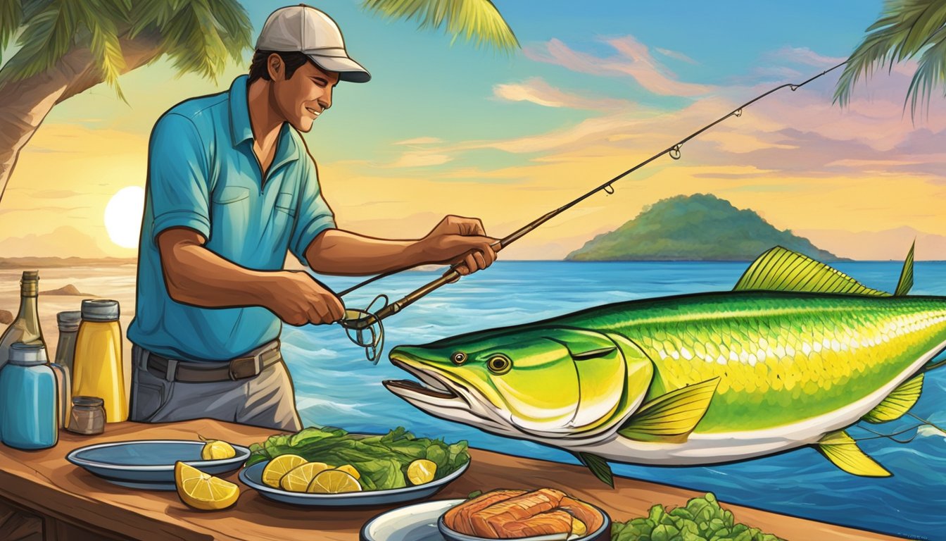 A fisherman reeling in a vibrant mahi mahi from a boat, with a second person preparing to cook the freshly caught fish on a beachside grill