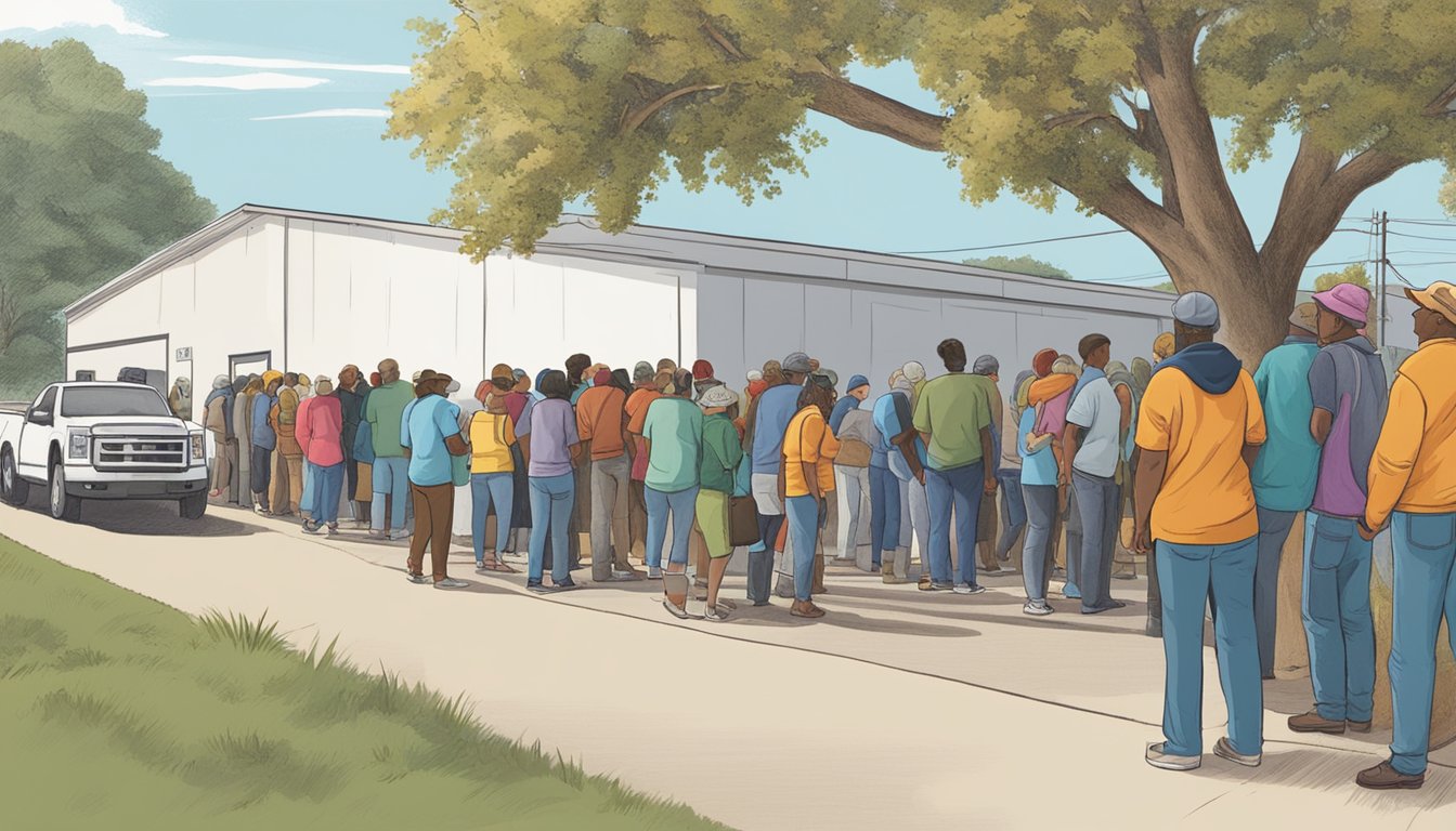 A line of people wait outside a food pantry in Taylor County, Texas, as volunteers distribute free groceries to those in need