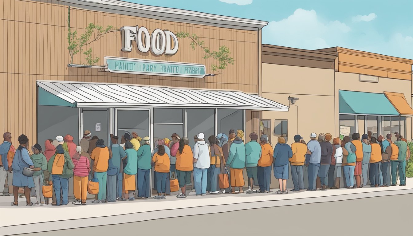 A line of people wait outside a food pantry in Taylor County, Texas. Volunteers distribute free groceries to those in need