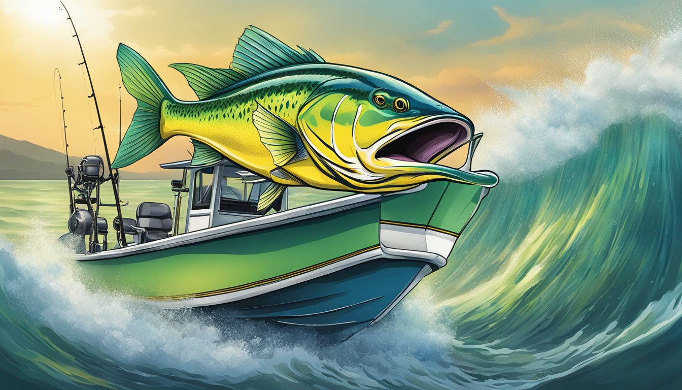 A fishing boat with rods and reels set up, a colorful mahi mahi leaping out of the water