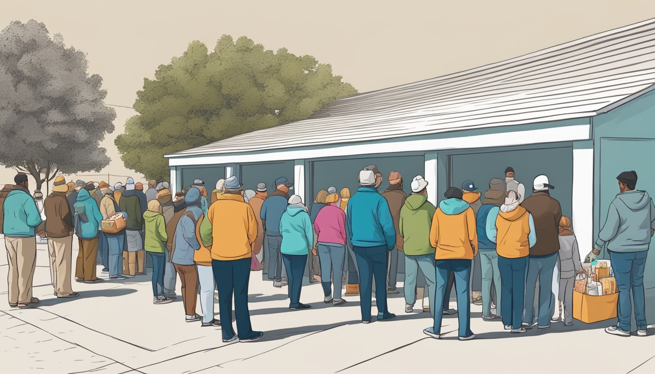 A line of people wait outside a food pantry in Taylor County, Texas. Volunteers hand out free groceries to those in need