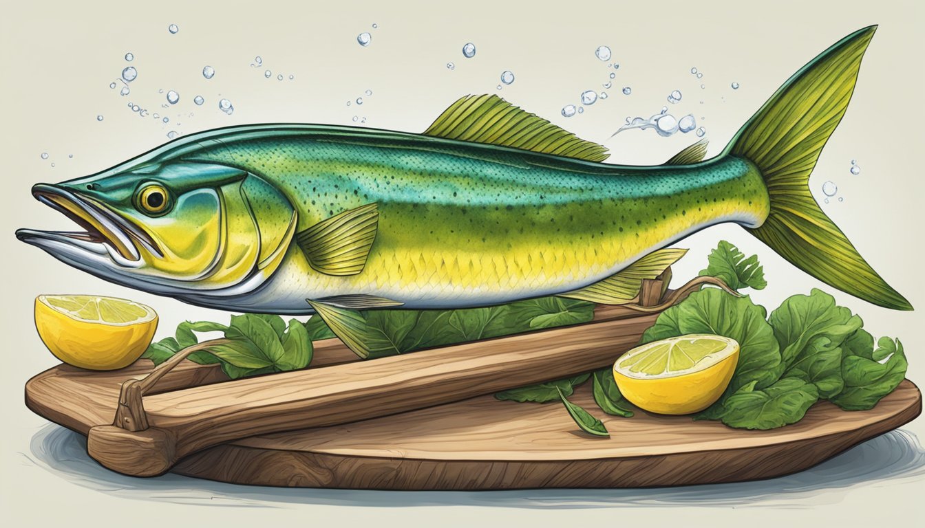 A fishing boat reels in a mahi mahi using a sustainable method. The fish is then prepared and cooked for a meal