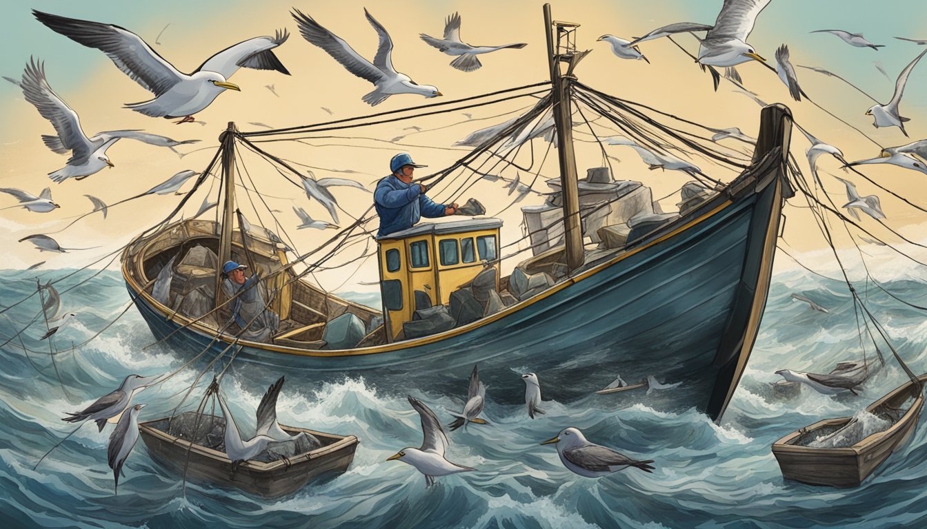 A fishing boat hauling in a net full of pollock, with seagulls circling above and a crew member sorting and cleaning the catch