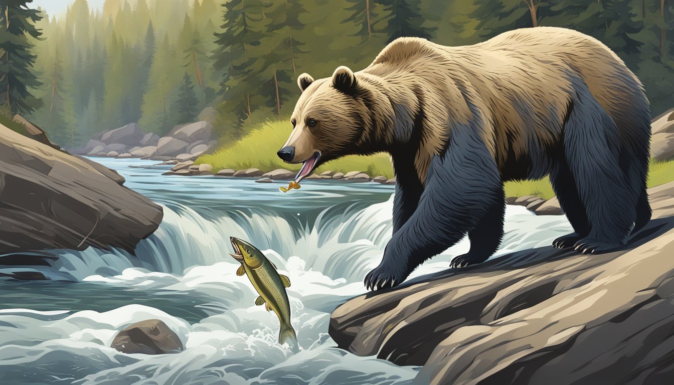 A bear catching and eating a pollock by a flowing river